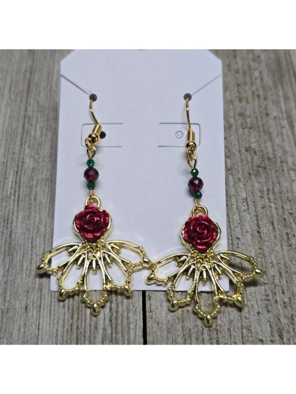 Handcrafted 18k gold plated emerald and garnet ornate dangle rose earrings